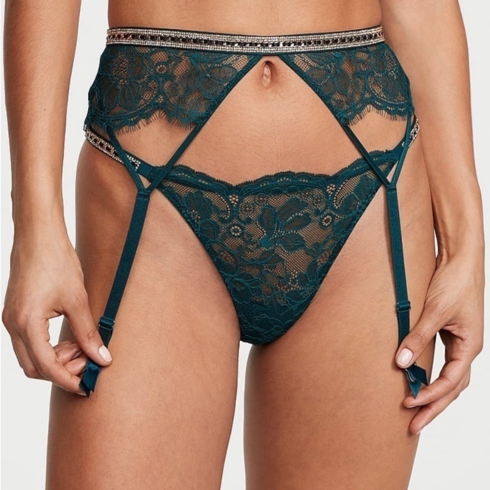 NWT Victoria's Secret Very Sexy Green Lace Shine Chain Strap Garter Belt XS/S